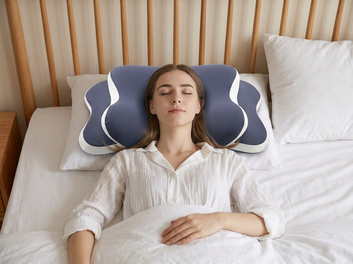 Woman resting face-up on the contour pillow