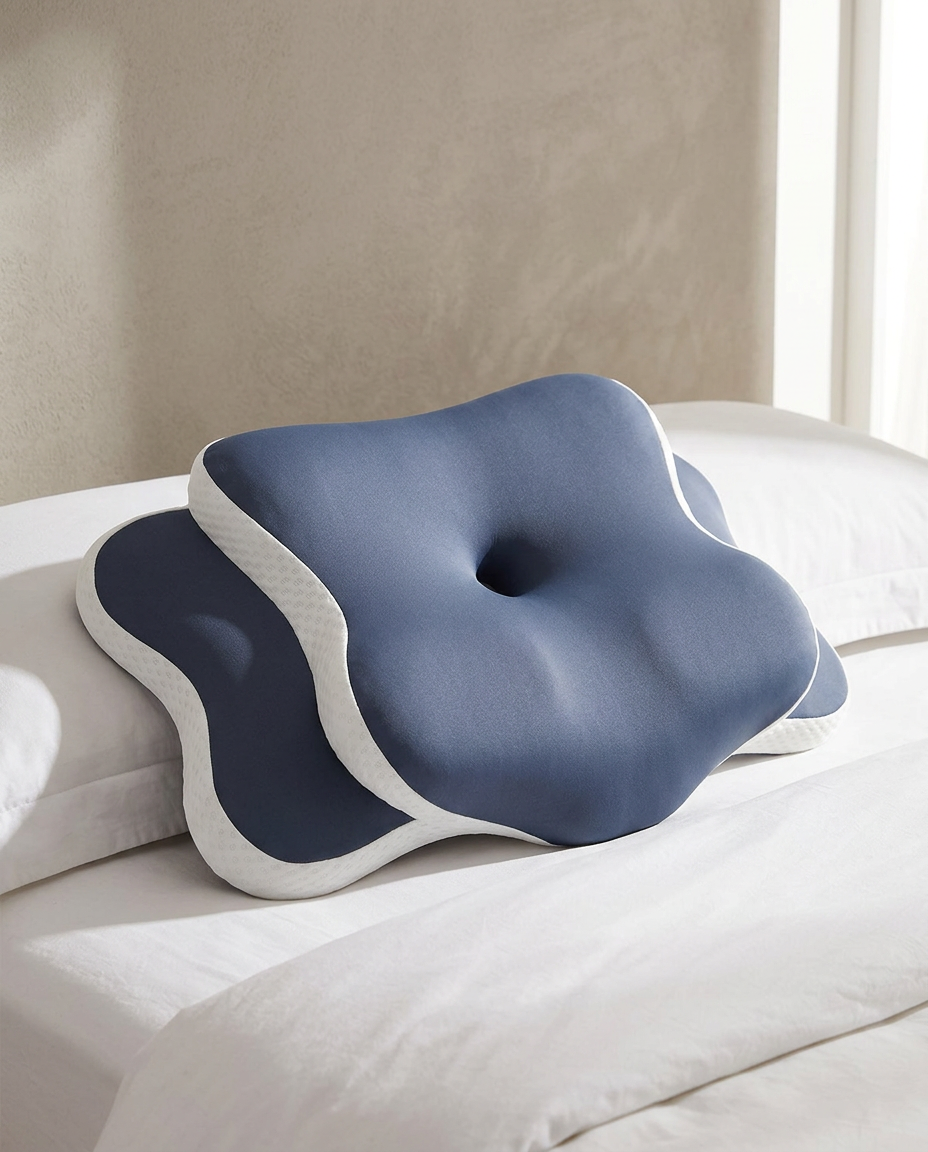 Blue-and-white contour pillow on a bed